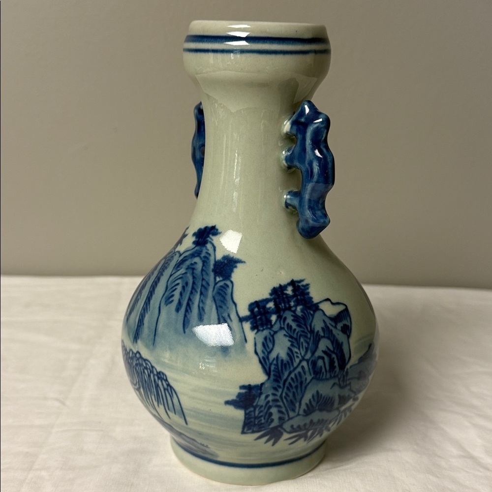 Blue & White Ceramic Landscape Vase Decorative Handles 8.25in - Picture 2 of 7